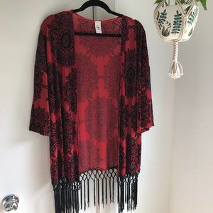 Red Kimono with Fringe & Velvet Detail
